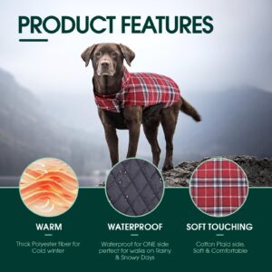 Kuoser Cozy Waterproof Windproof Reversible British Style Plaid Dog Vest Winter Coat Warm Dog Apparel for Cold Weather Dog Jacket for Small Medium Large Dogs with Furry Collar (XS - 3XL),Red M