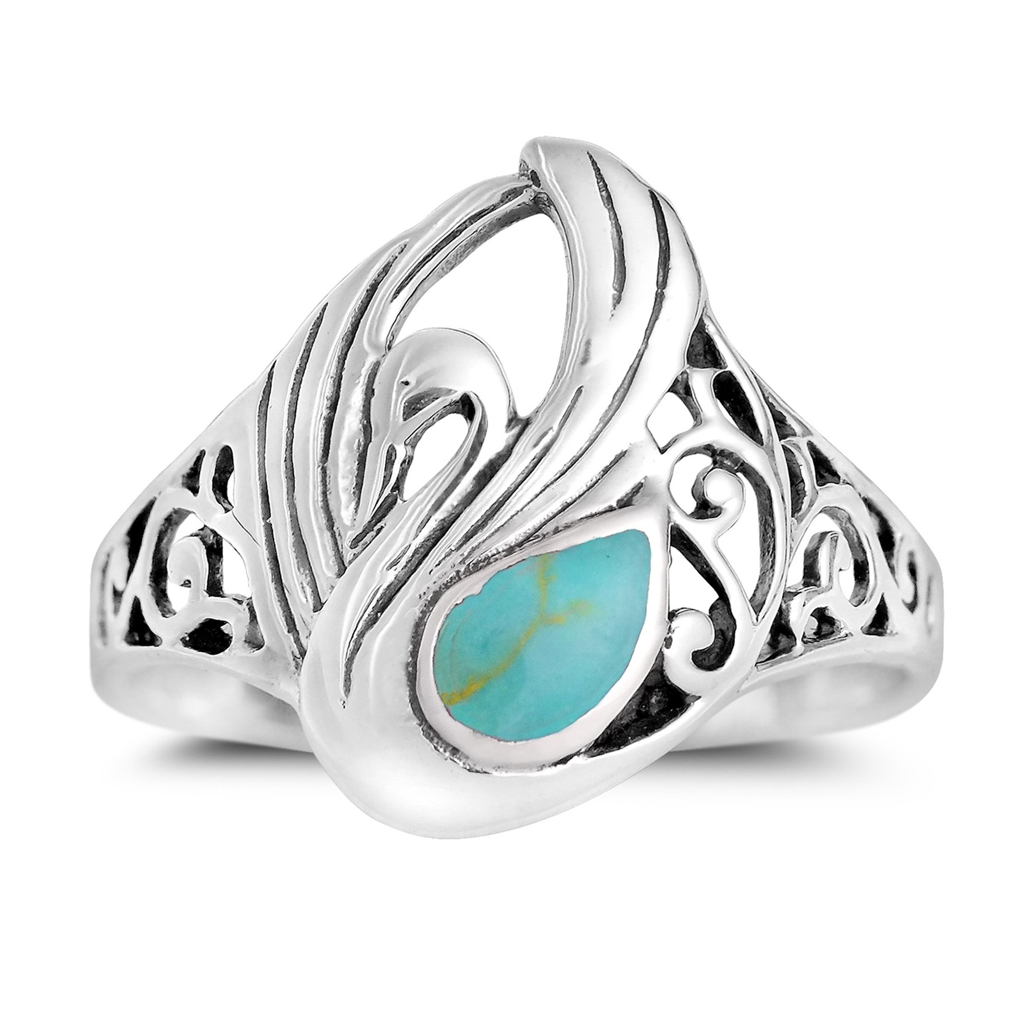 AeraVida Majestic Swirl Swan Simulated Turquoise Wings .925 Sterling Silver Ring, resin