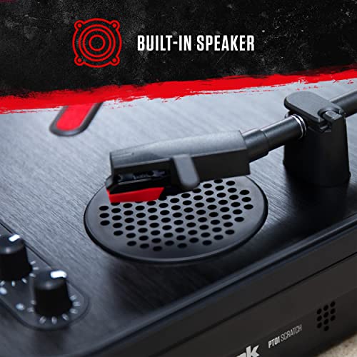 Numark PT01 Scratch | DJ Turntable for Portablists With User Replaceable Scratch Switch, Built In Speaker, Power via Battery or AC Adapter, Three Speed RPM Selection & USB Connectivity