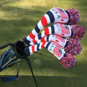 Craftsman Golf US Flag Knit Pom Pom White Blue Red Driver,Fairway Wood, Hybrid Head Cover Headcover for Callaway Mizuno Cobra Taylormade (3pcs (#1,3,5))