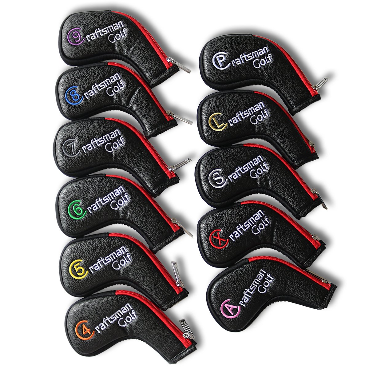 Craftsman Golf 11pcs /set (4,5,6,7,8,9,A,S,P,L,X) Synthetic Leather Black with Red Edge Iron Head Cover Headcover Set for Callaway Ping Etc. with Zipper