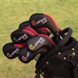 Craftsman Golf 11pcs /set (4,5,6,7,8,9,A,S,P,L,X) Synthetic Leather Black with Red Edge Iron Head Cover Headcover Set for Callaway Ping Etc. with Zipper