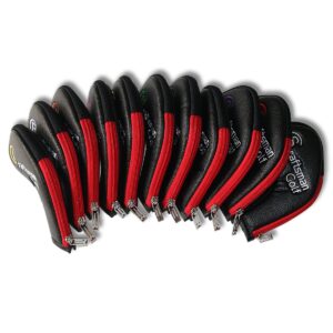 Craftsman Golf 11pcs /set (4,5,6,7,8,9,A,S,P,L,X) Synthetic Leather Black with Red Edge Iron Head Cover Headcover Set for Callaway Ping Etc. with Zipper