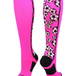 MadSportsStuff Crazy Soccer Socks with Soccer Balls over the calf (Neon Pink/Black, Medium)