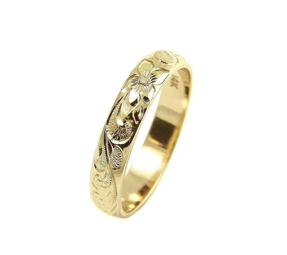 Arthur's Jewelry 14K yellow gold custom hand engrave Hawaiian queen plumeria scroll band ring 4mm size 10