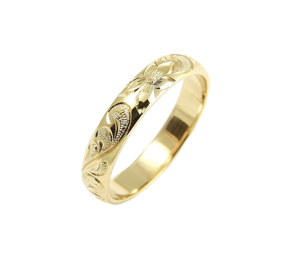 Arthur's Jewelry 14K yellow gold custom hand engrave Hawaiian queen plumeria scroll band ring 4mm size 10