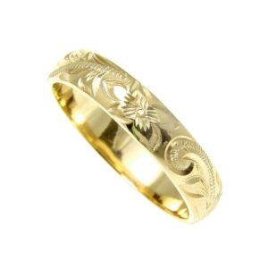 Arthur's Jewelry 14K solid yellow gold custom hand engrave Hawaiian plumeria scroll band ring 4mm size 11