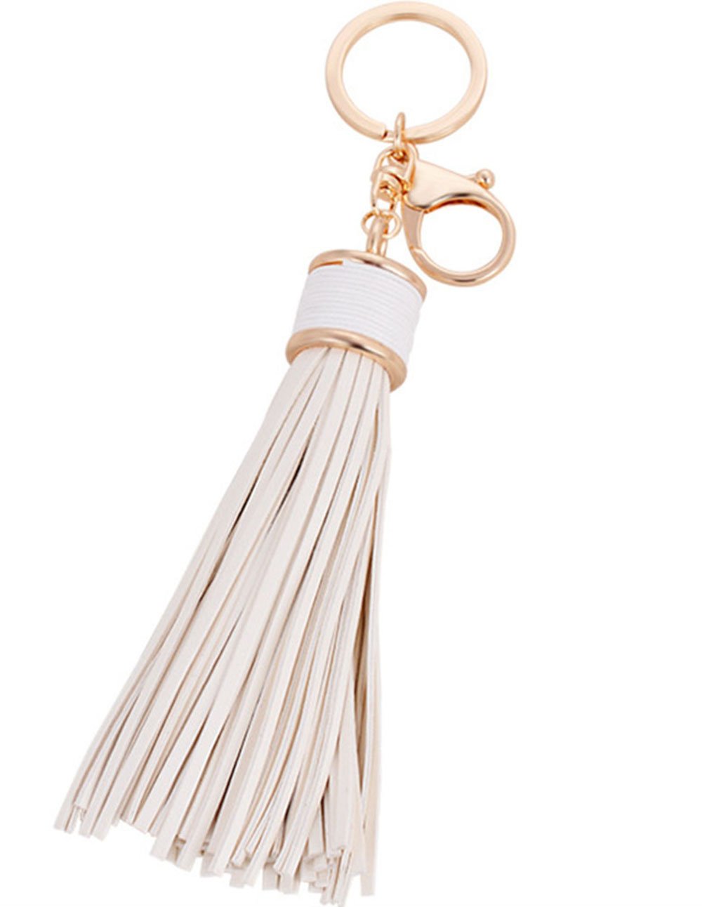 ZOONAI Women Leather Tassels Keychain Car Circle Key Rings Gift Bag Hanging Buckle (White)