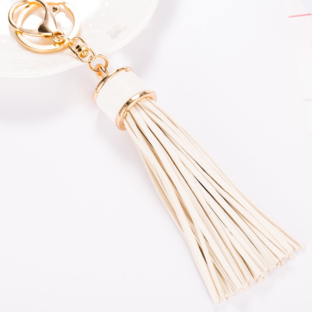 ZOONAI Women Leather Tassels Keychain Car Circle Key Rings Gift Bag Hanging Buckle (White)