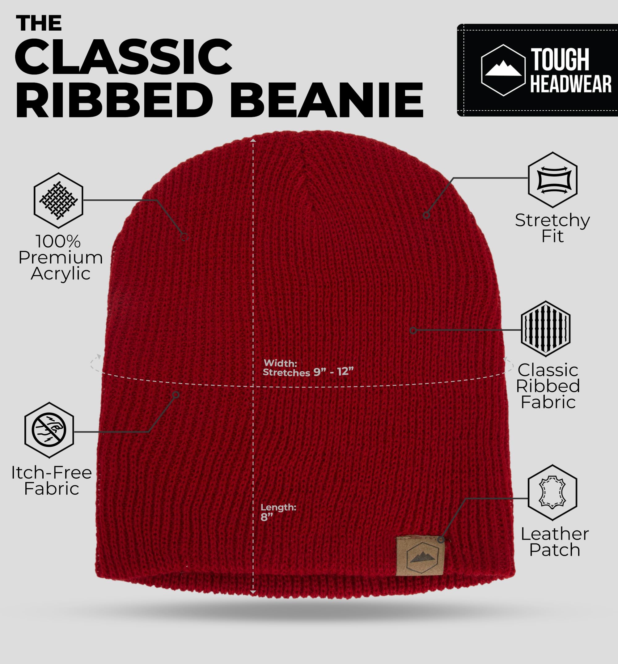 Tough Headwear Beanies for Men & Women - Knit Beanie, Warm & Soft Ribbed Beanie, Daily Knit Hat, Women & Mens Toboggan Hat for Cold Weather Maroon