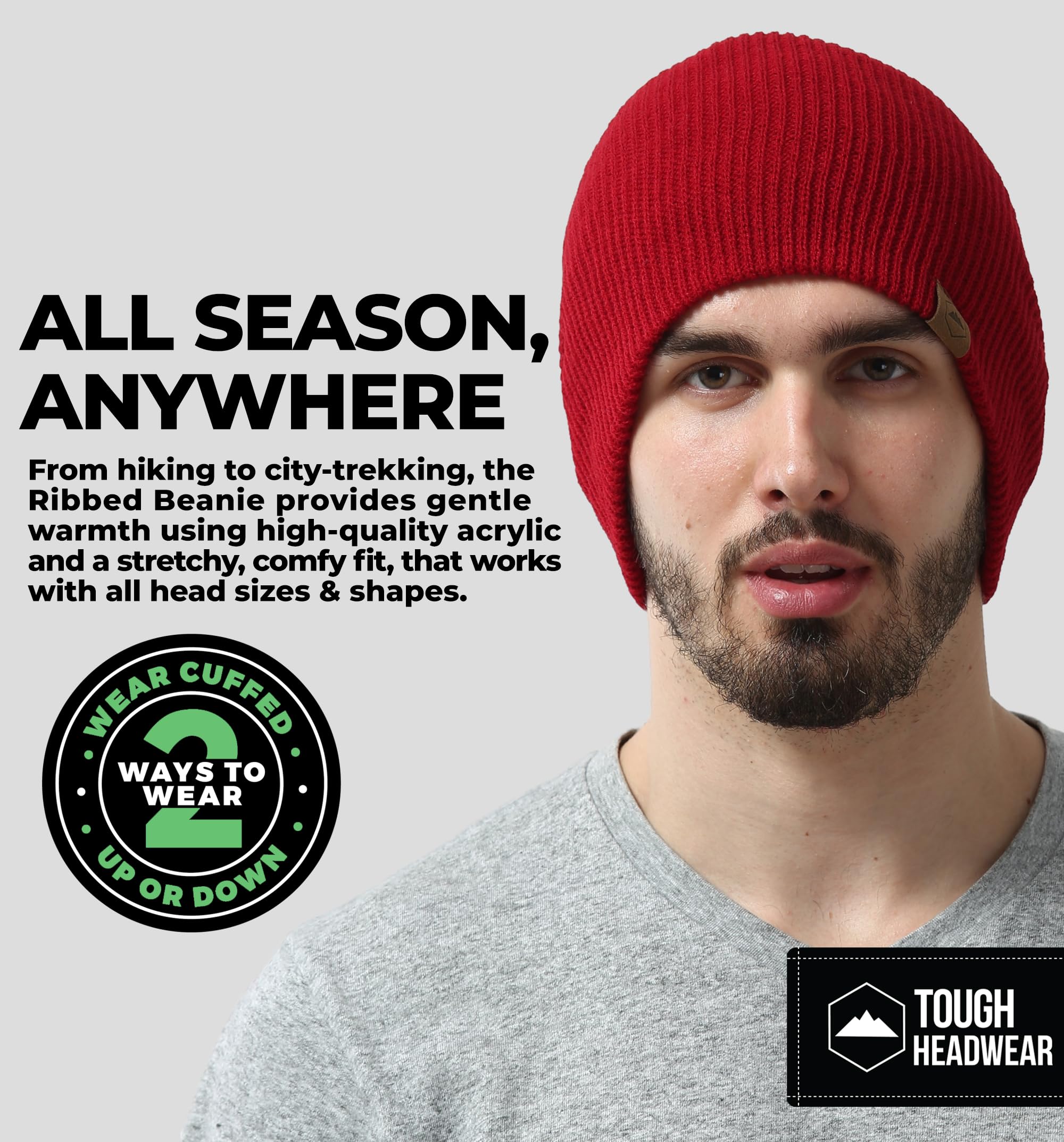 Tough Headwear Beanies for Men & Women - Knit Beanie, Warm & Soft Ribbed Beanie, Daily Knit Hat, Women & Mens Toboggan Hat for Cold Weather Maroon