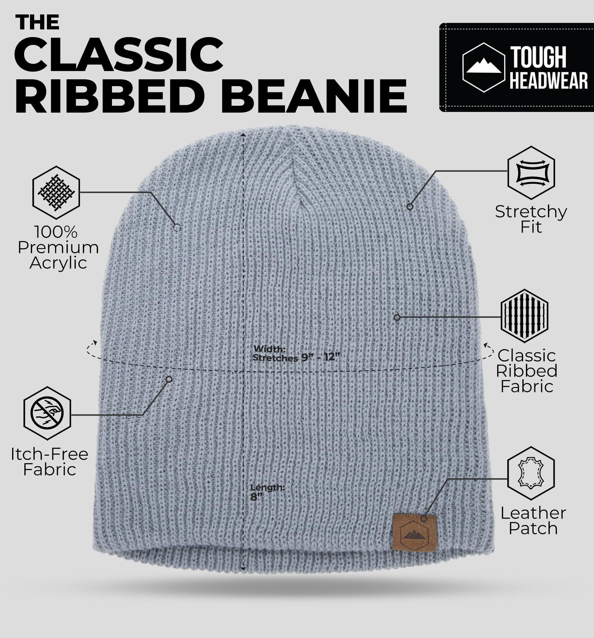 Tough Headwear Beanies for Men & Women - Knit Beanie, Warm & Soft Ribbed Beanie, Daily Knit Hat, Women & Mens Toboggan Hat for Cold Weather Light Gray