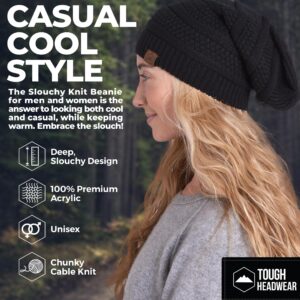 Slouchy Cable Knit Beanie by Tough Headwear - Chunky, Oversized Slouch Beanie Hats for Men & Women - Stay Warm & Stylish - Serious Beanies for Serious Style Black OSFA