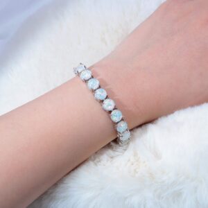 CiNily Rhodium Plated Created White Fire Opal Women Jewelry Gemstone Round Bracelet 8''