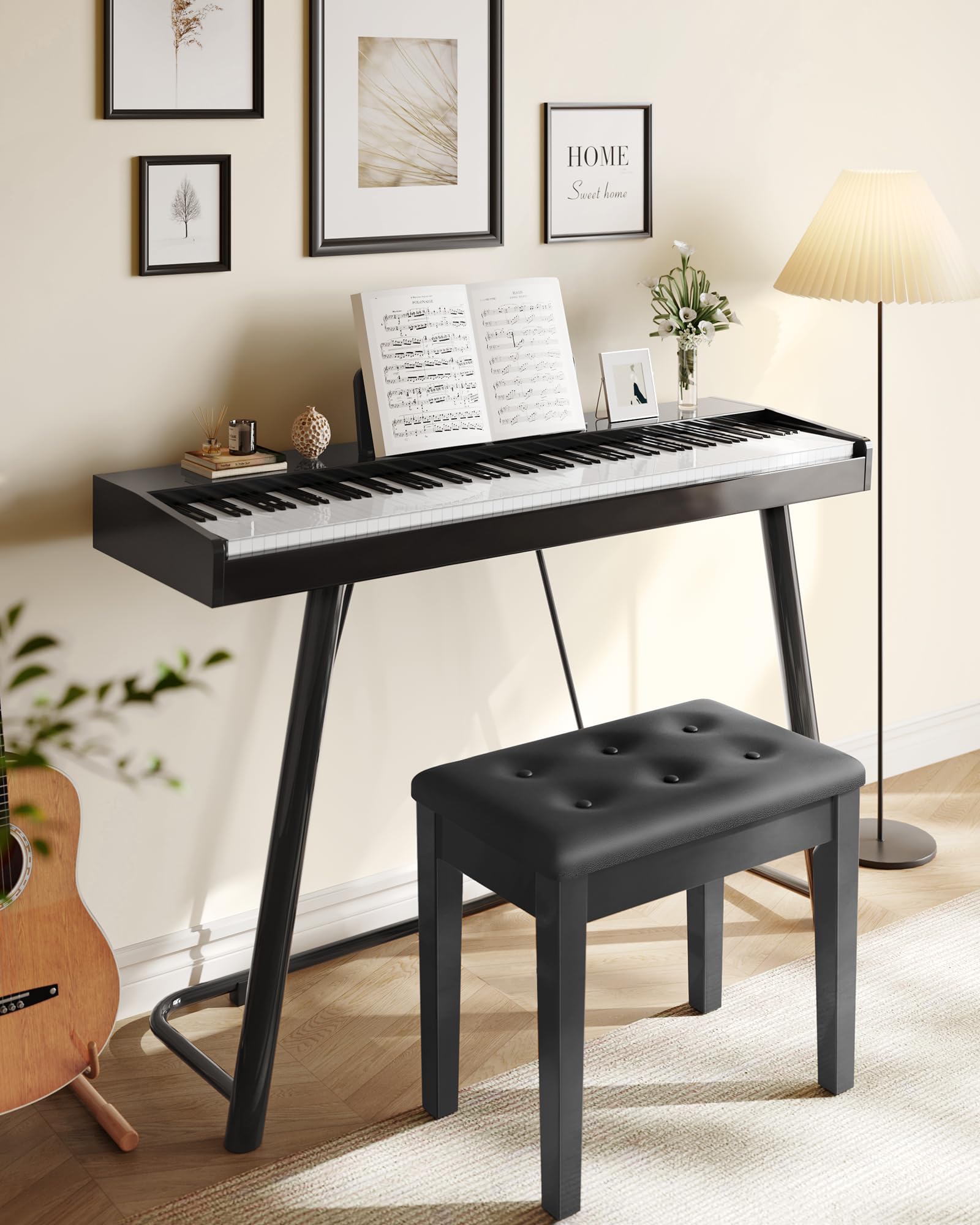 SONGMICS Piano Bench with Padded Cushion and Storage Compartment for Music Books, Vanity Stool, Tufted Wooden Piano Seat, 13.8 x 22 x 19.5 Inches, Black ULPB55H