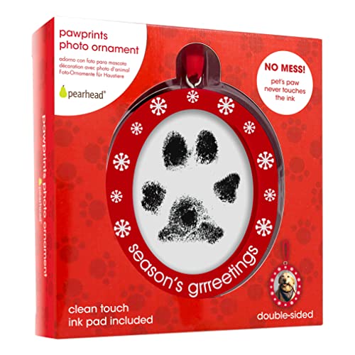 Pearhead Christmas Pawprints Double-Sided Holiday Photo Ornament, Season's Grrreetings Dog or Cat DIY Pawprint Keepsake, Pet Picture Christmas Tree Ornament, With Included Clean-Touch Ink Pad