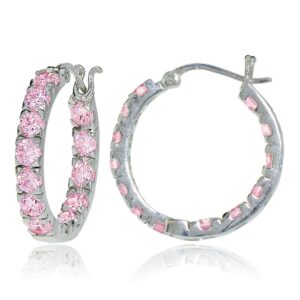 sterling silver light pink cubic zirconia inside out 3x25 mm round hoop earrings