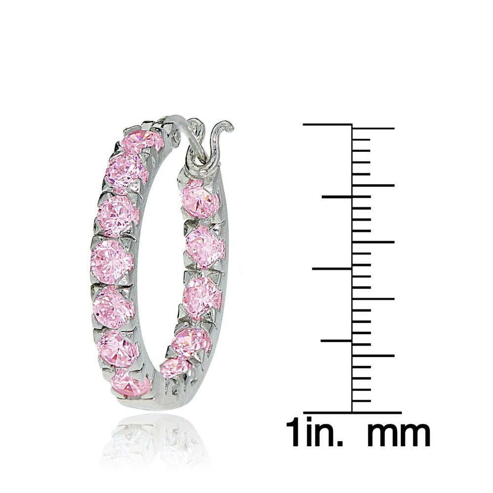 Sterling Silver Light Pink Cubic Zirconia Inside Out 3x25 mm Round Hoop Earrings