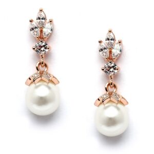 mariell rose gold pearl drop wedding earrings, 8mm ivory shell pearls, cubic zirconia crystal and pearl earrings for brides, bridesmaid, prom and mother of the bride