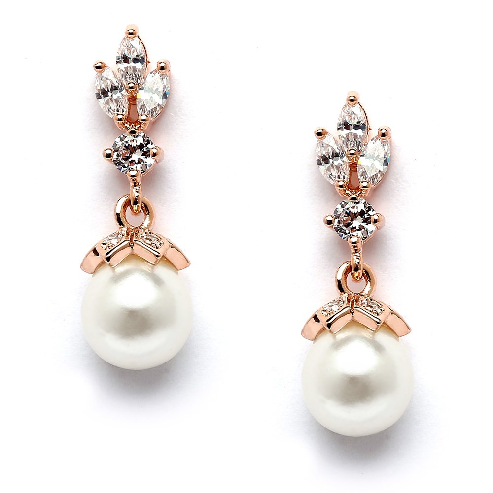 Mariell Rose Gold Pearl Drop Wedding Earrings, 8MM Ivory Shell Pearls, Cubic Zirconia Crystal and Pearl Earrings for Brides, Bridesmaid, Prom and Mother of the Bride