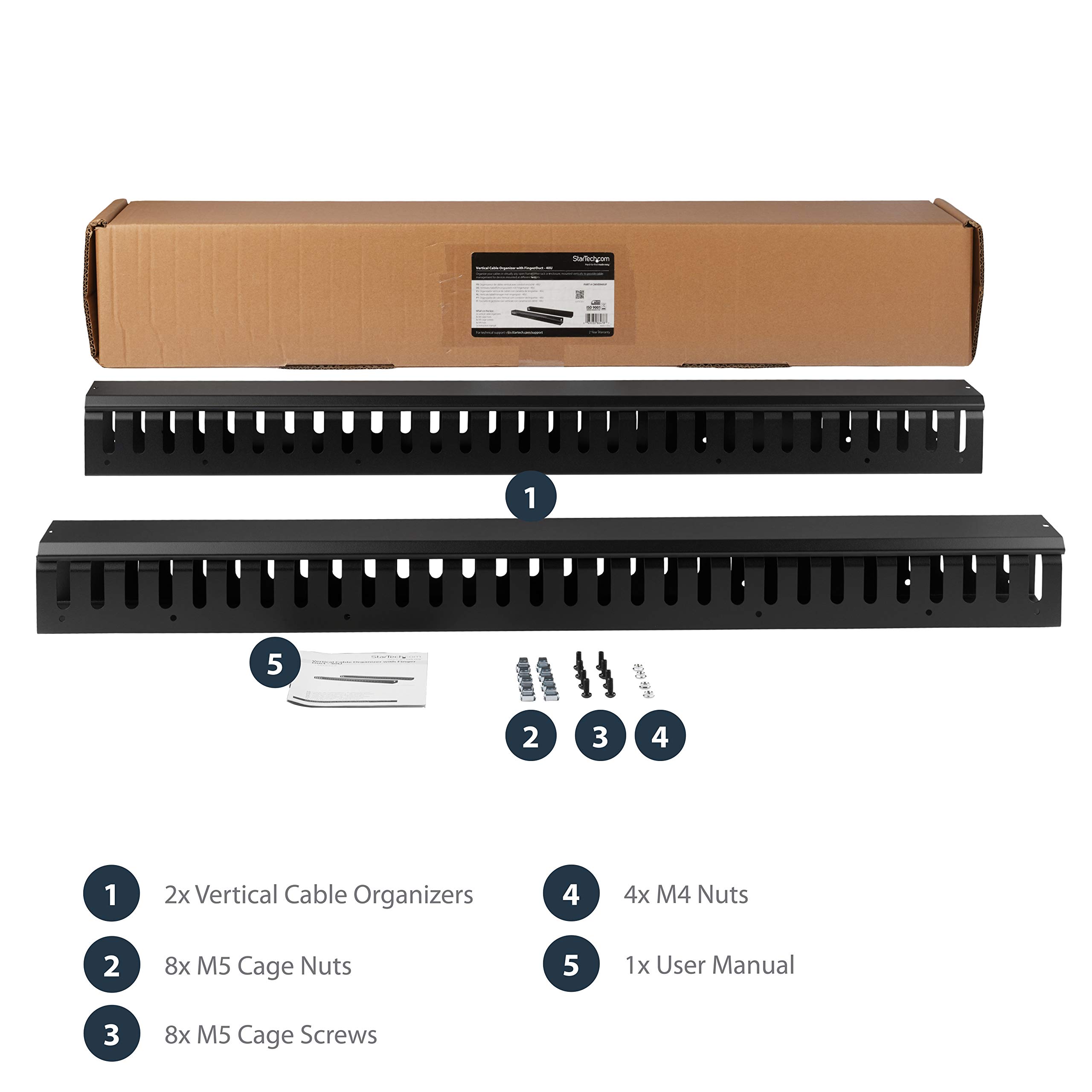 StarTech.com Vertical Cable Organizer with Finger Ducts - Vertical Cable Management Panel - Rack-Mount Cable Raceway - 40U - 6 ft (CMVER40UF)