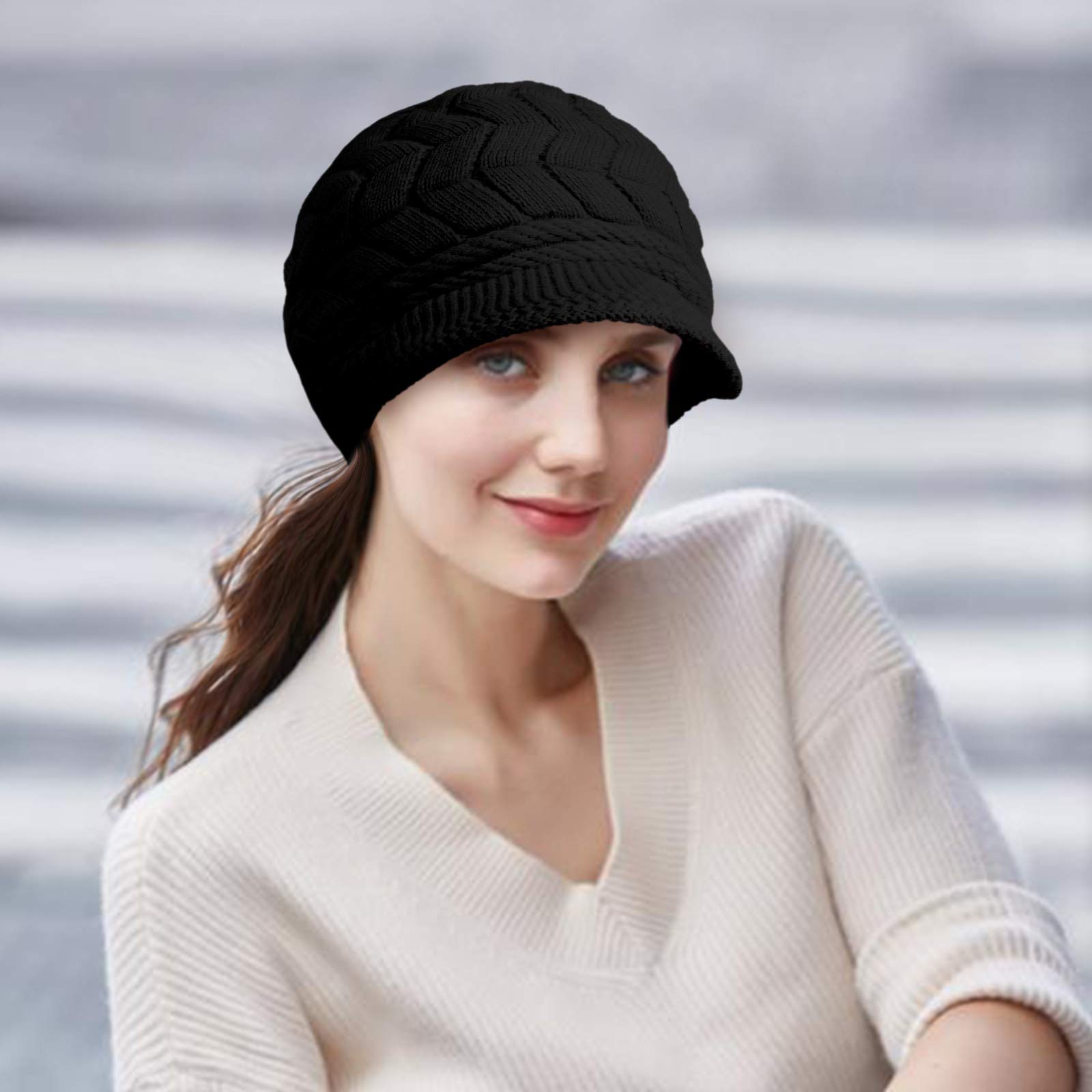 Loritta Womens Winter Beanie Hat Warm Knitted Slouchy Wool Hats Cap with Visor, Black