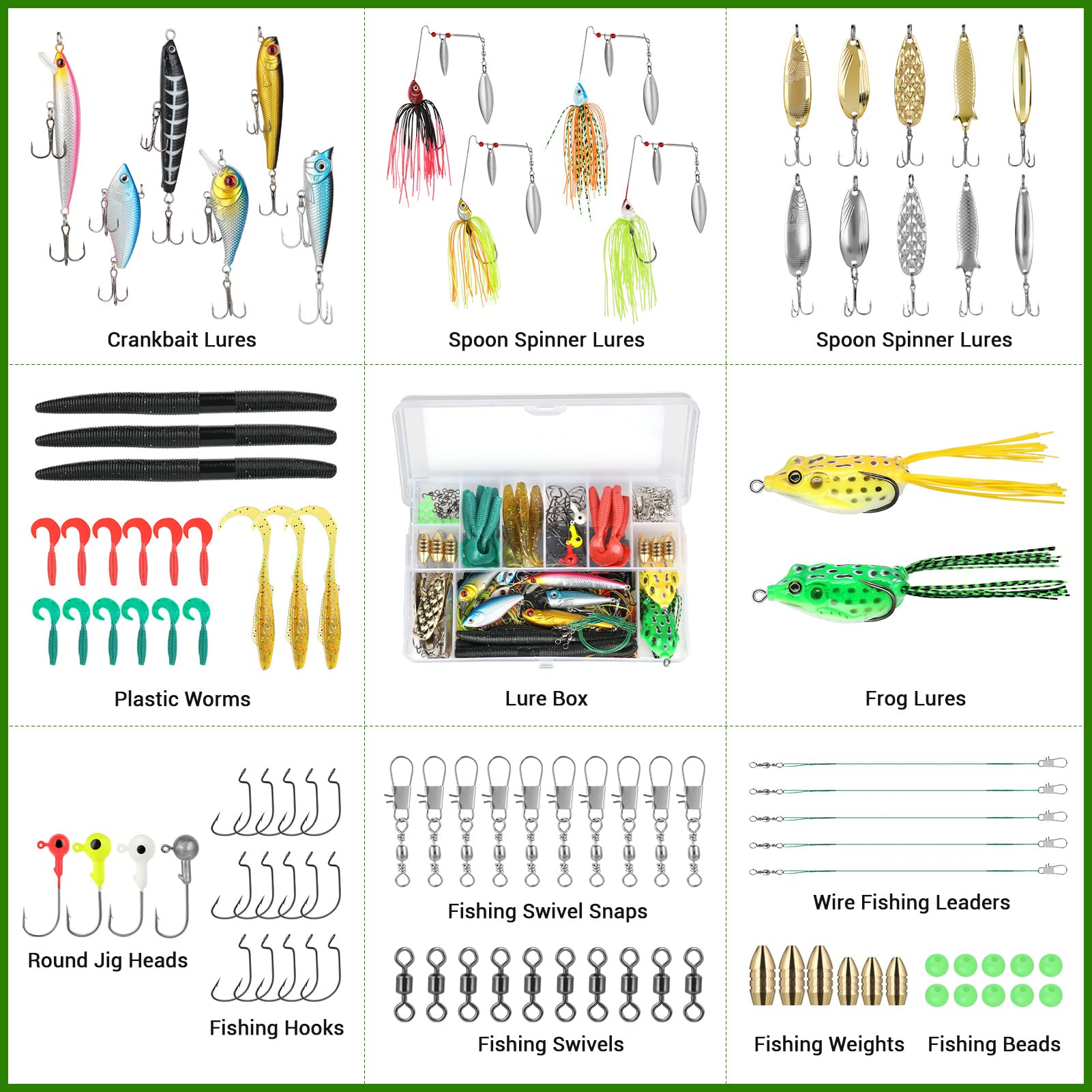 PLUSINNO Fishing Lures Baits Tackle, BEST BASS Fishing Lures Including Crankbaits, Spinnerbaits, Plastic worms, Jigs, Topwater Lures , Tackle Box and More Fishing Gear Lures Kit Set