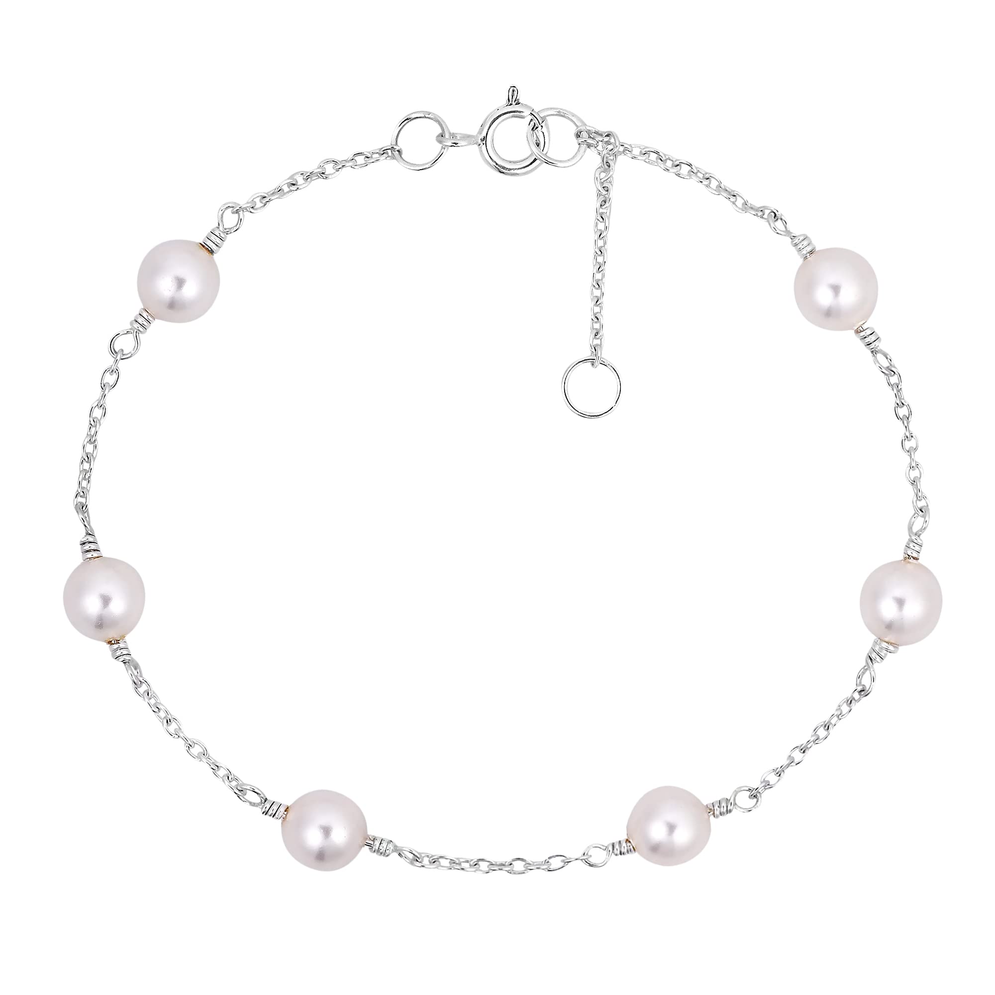 AeraVida Luminous Cultured Freshwater White Pearl Sterling Silver Chain Link Adjustable Bracelet - 7inches Length