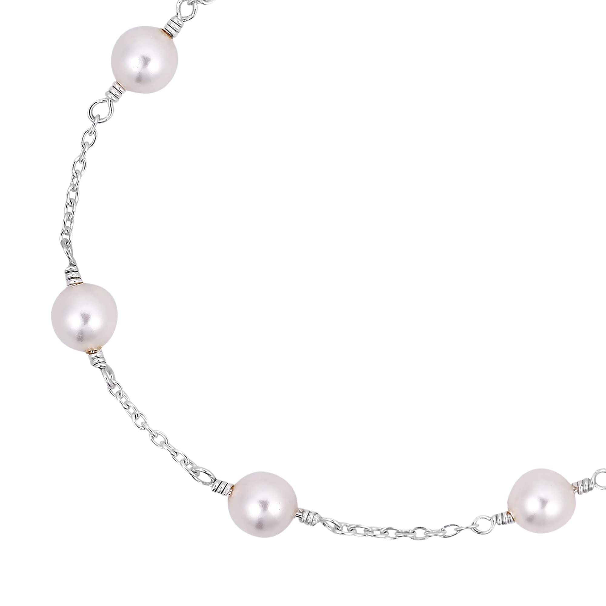 AeraVida Luminous Cultured Freshwater White Pearl Sterling Silver Chain Link Adjustable Bracelet - 7inches Length