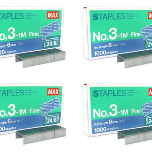 MAX No.3-1M Flat Clinch Staples (24/6) for Office Stapler - 4 Boxes (4,000-Staples)