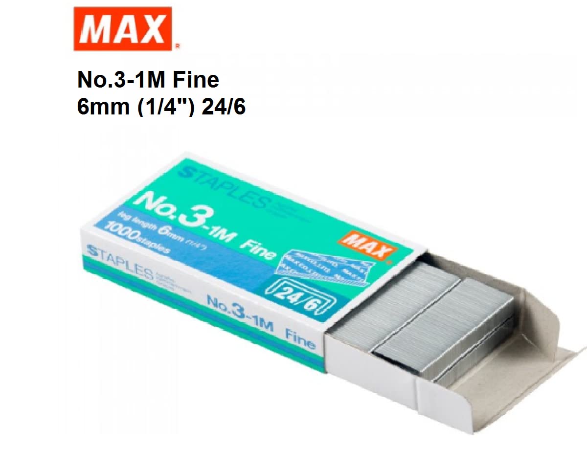 MAX No.3-1M Flat Clinch Staples (24/6) for Office Stapler - 4 Boxes (4,000-Staples)