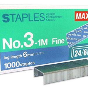 MAX No.3-1M Flat Clinch Staples (24/6) for Office Stapler - 4 Boxes (4,000-Staples)