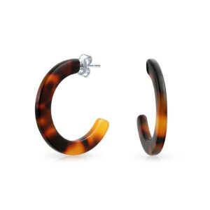 brown acrylic tortoise shell flat half hoop stud earrings for women stainless steel 1 inch diameter