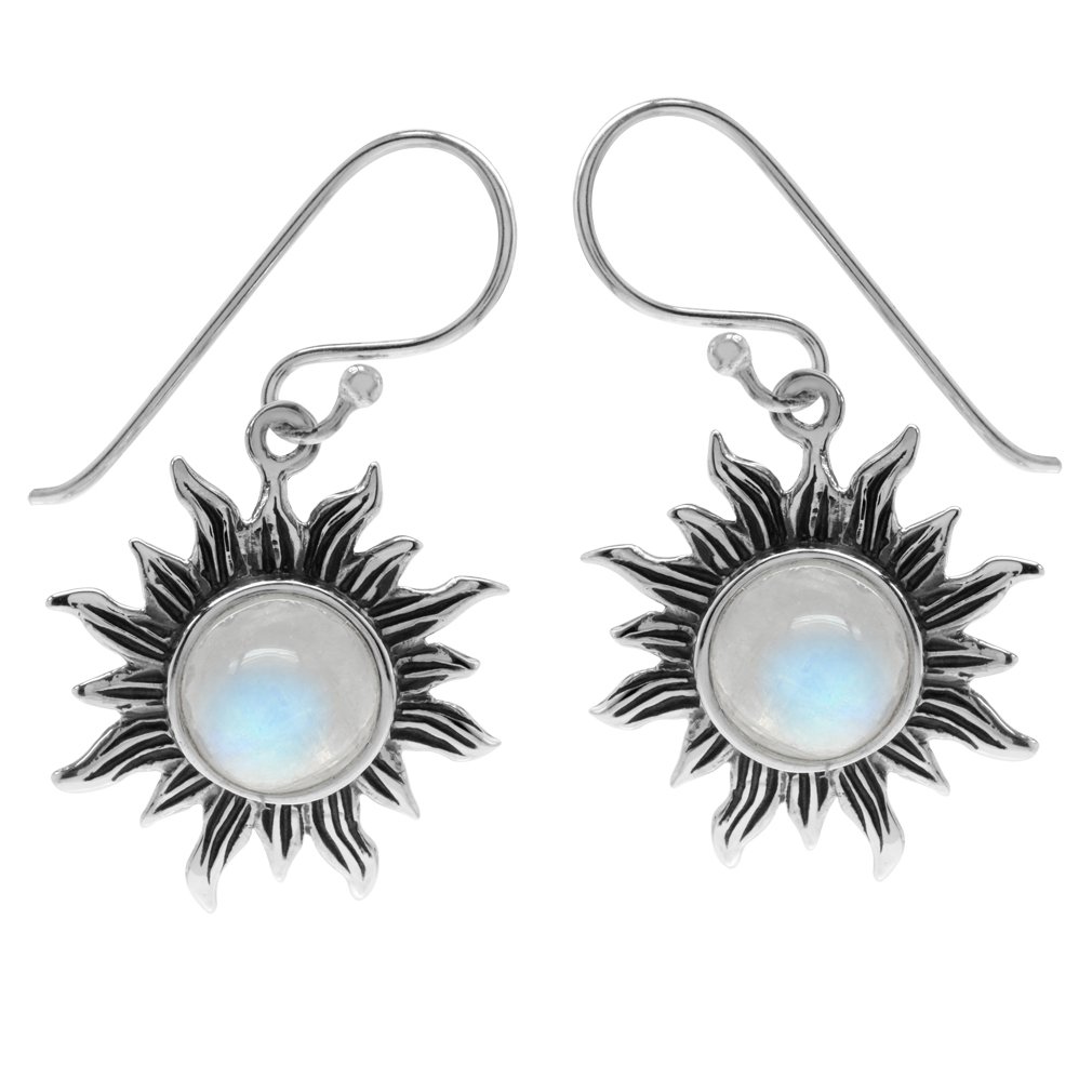 Silvershake Natural Moonstone 925 Sterling Silver Sun Ray Inspired Dangle Hook Earrings