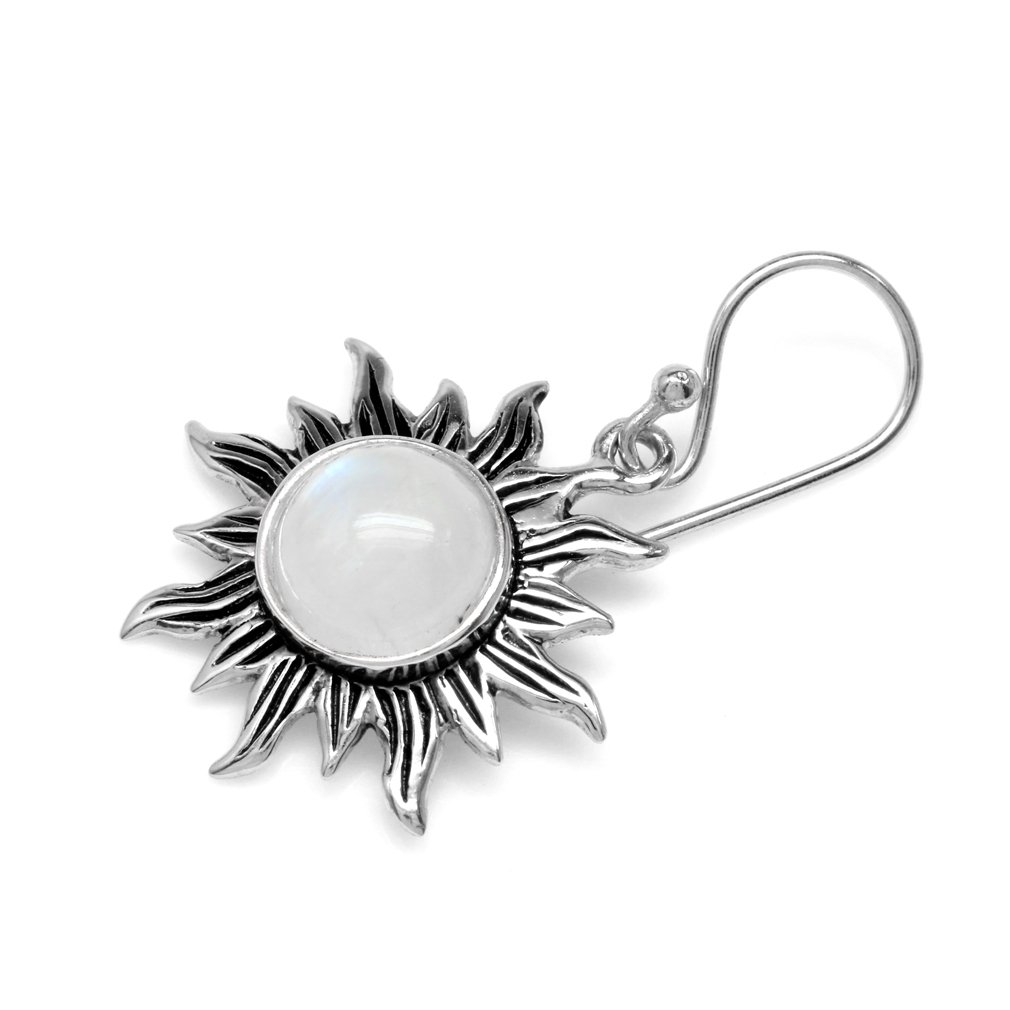 Silvershake Natural Moonstone 925 Sterling Silver Sun Ray Inspired Dangle Hook Earrings