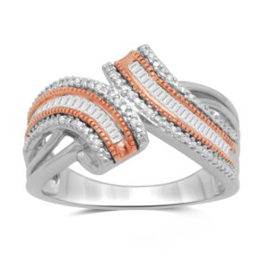 jewelili 10k rose gold and sterling silver 1/4 cttw natural white baguette and round diamond bypass ring, size 7