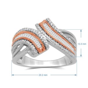 Jewelili 10K Rose Gold and Sterling Silver 1/4 Cttw Natural White Baguette and Round Diamond Bypass Ring, Size 7