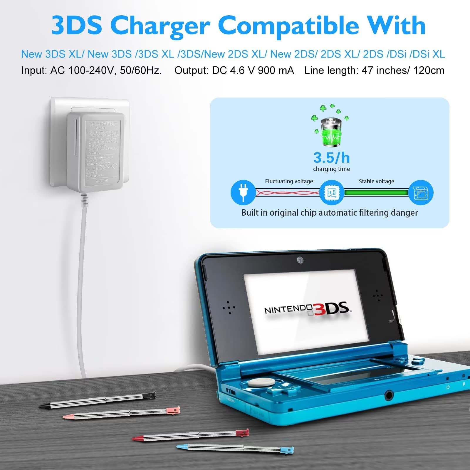 3DS Charger Kit, 3DS Metal Retractable Stylus Pen for Nintendo 3DS/3DS XL/3DS LL, 3DS Charger Compatible with Nintendo 3DS/ New 3DS XL/DSi/DSi XL/2DS/ 2DS XL Wall Plug Adapter (100-240v)