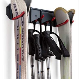 Wall Mounted Rack Organizer for Skis and Poles Heavy Duty Horizontal Wall Ski Rack Garage Storage with Metal Frame and Padded Hooks Indoors Outdoors Premium Wall Hooks (Medium Holds 2 Set of Ski's)