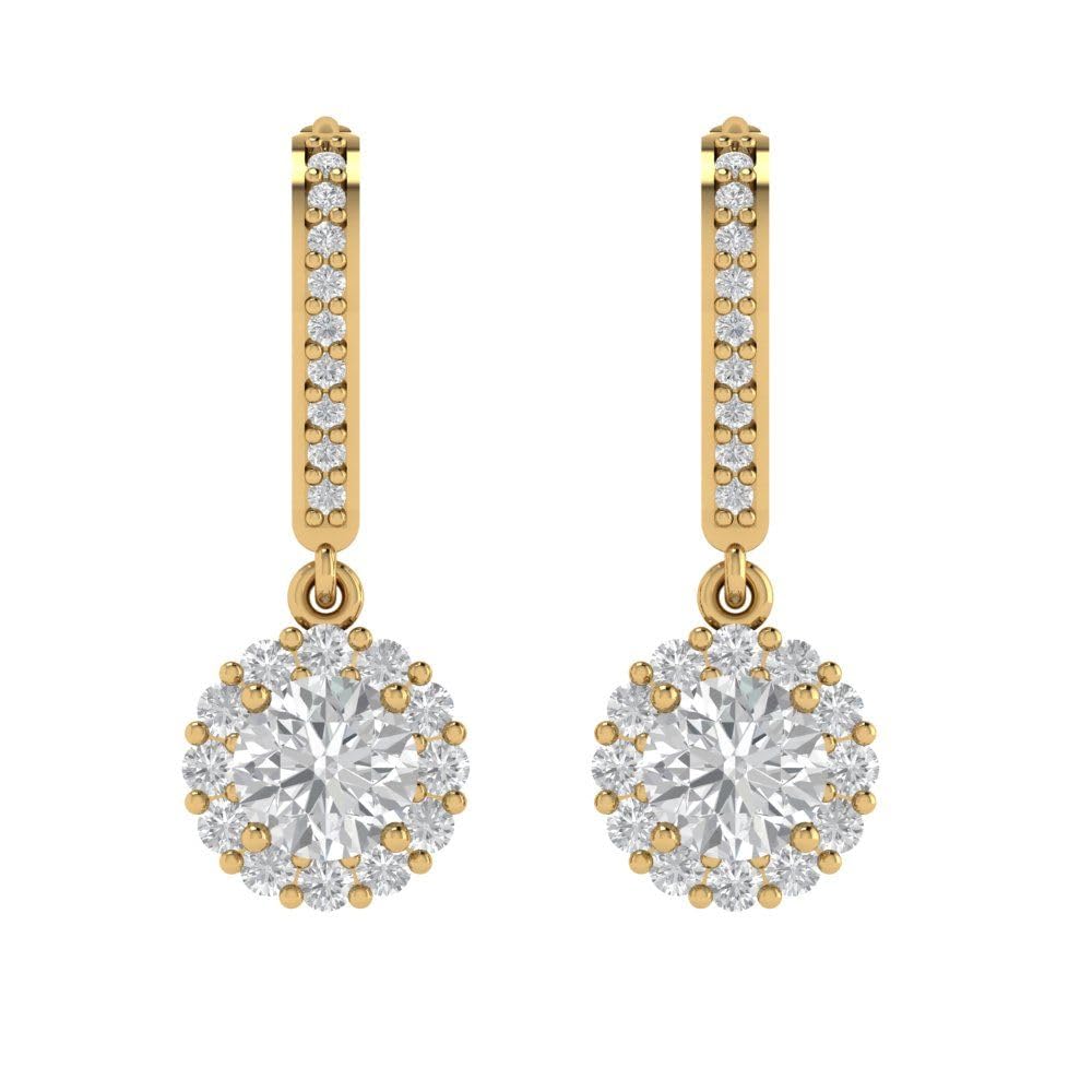 Clara Pucci 2.25 ct Brilliant Round Cut Halo Drop Dangle Clear Simulated Diamond 14k Yellow Solid Gold Earrings Lever Back