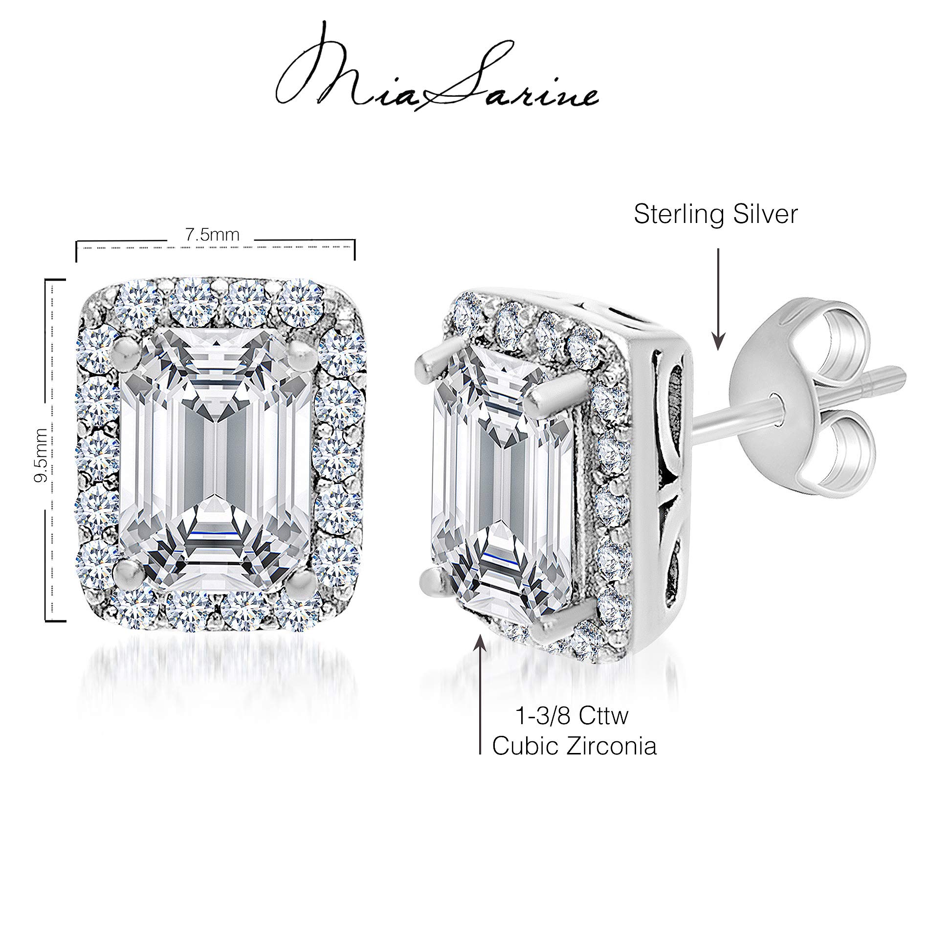 Mia Sarine Rhodium Plated 925 Sterling Silver 1-3/8 Cttw Emerald Cut Cubic Zirconia Stud Earrings for Women White