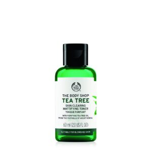 the body shop tea tree skin clearing mattifying toner, made with tea tree oil, 100% vegan, 2.0 fl. oz