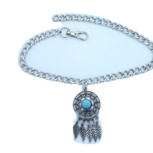 TFJ Women Western Fashion Jewelry Boot Bracelet Silver Metal Chain Shoe Native Style Feather Charm Turquoise Blue