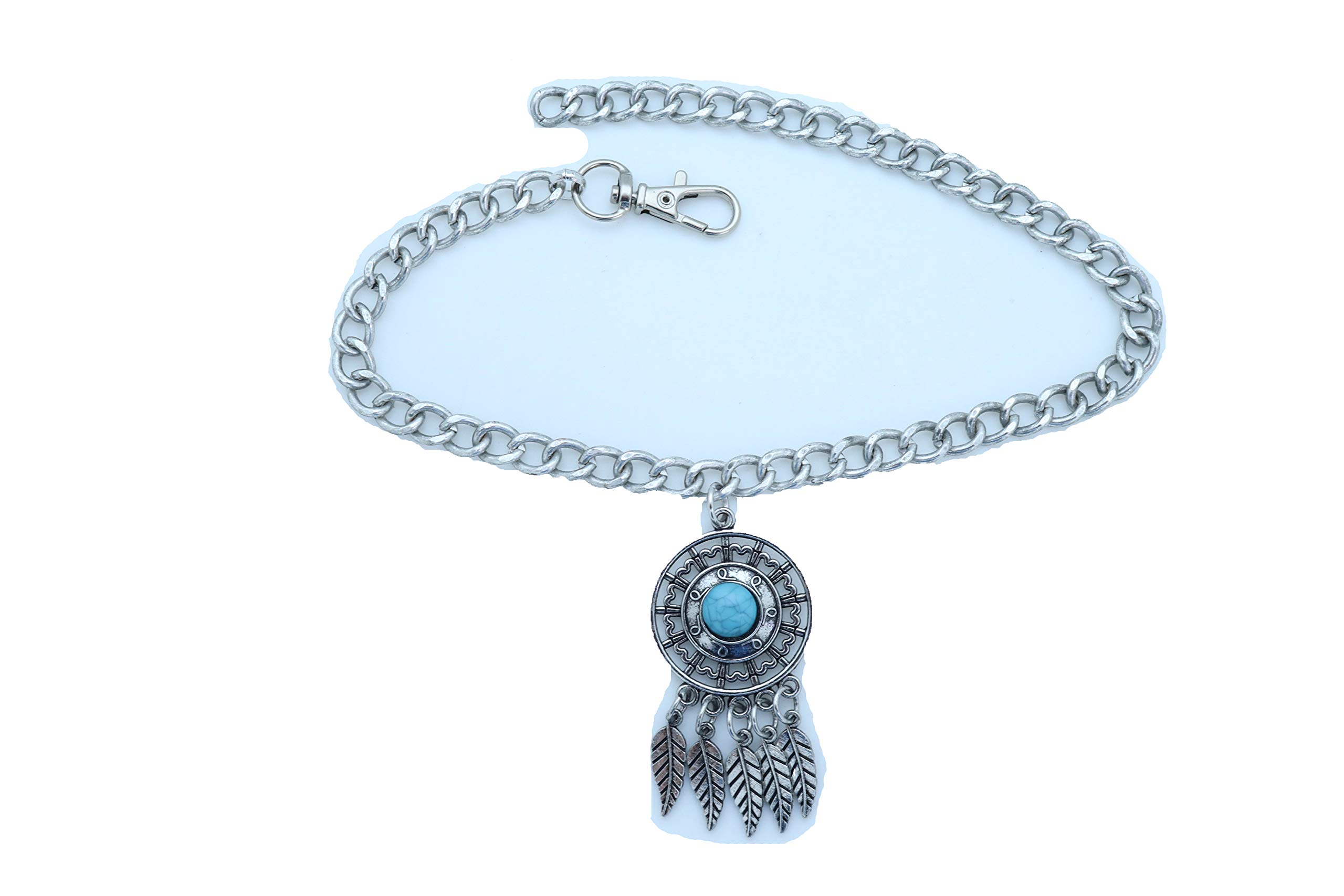 TFJ Women Western Fashion Jewelry Boot Bracelet Silver Metal Chain Shoe Native Style Feather Charm Turquoise Blue