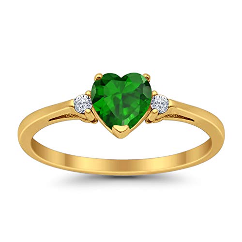 Blue Apple Co. Heart Promise Ring Simulated Green Emerald Round Cubic Zirconia Yellow Tone 925 Sterling Silver, Size - 6