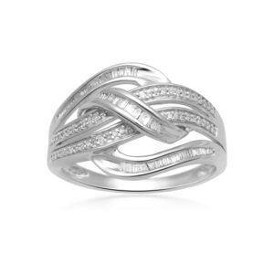 Jewelili Sterling Silver 1/3 Cttw Natural White Baguette and Round Diamond Crossover Ring, Size 7