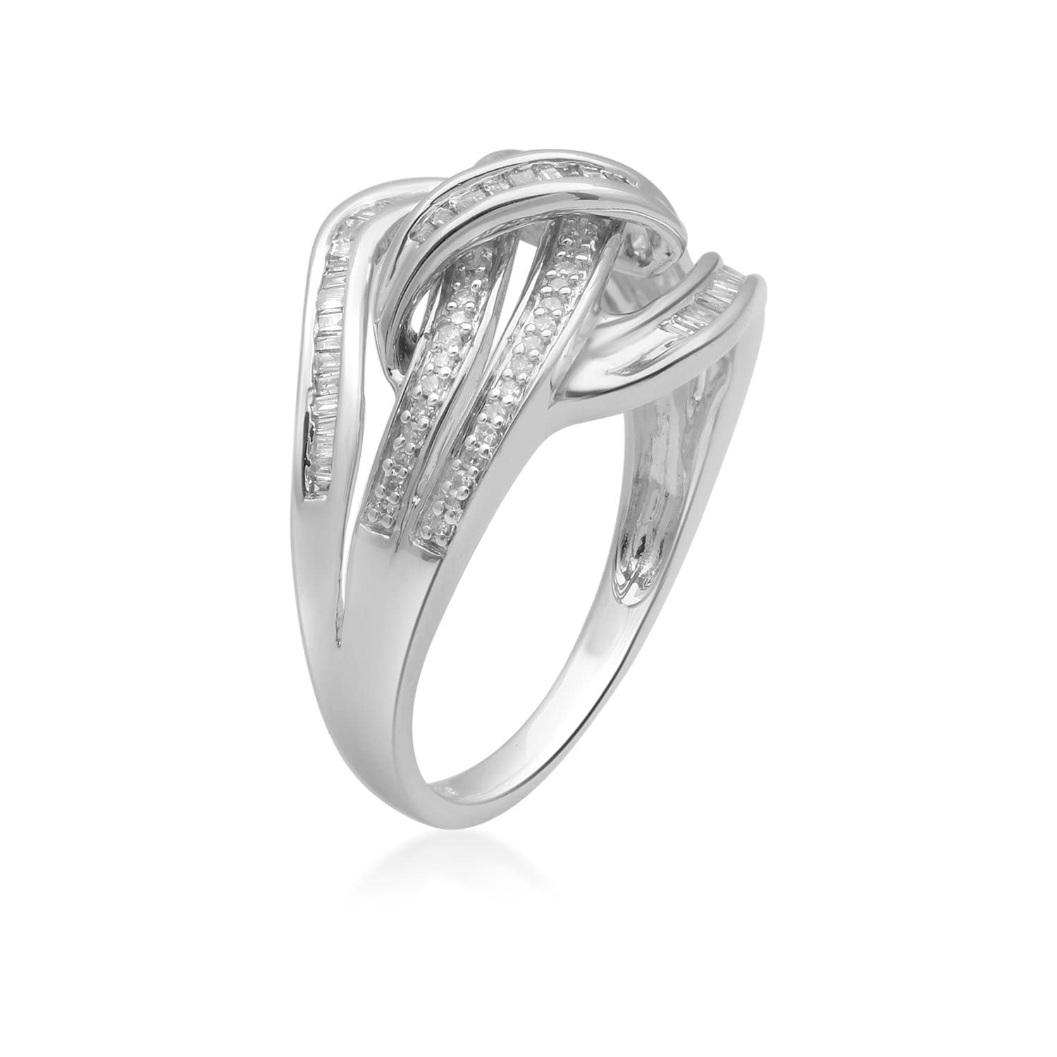 Jewelili Sterling Silver 1/3 Cttw Natural White Baguette and Round Diamond Crossover Ring, Size 7