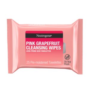 neutrogena oil-free facial cleansing makeup wipes with pink grapefruit, disposable & pre-moistened daily acne face towelettes to remove dirt, oil & makeup for acne prone skin, 25 ct