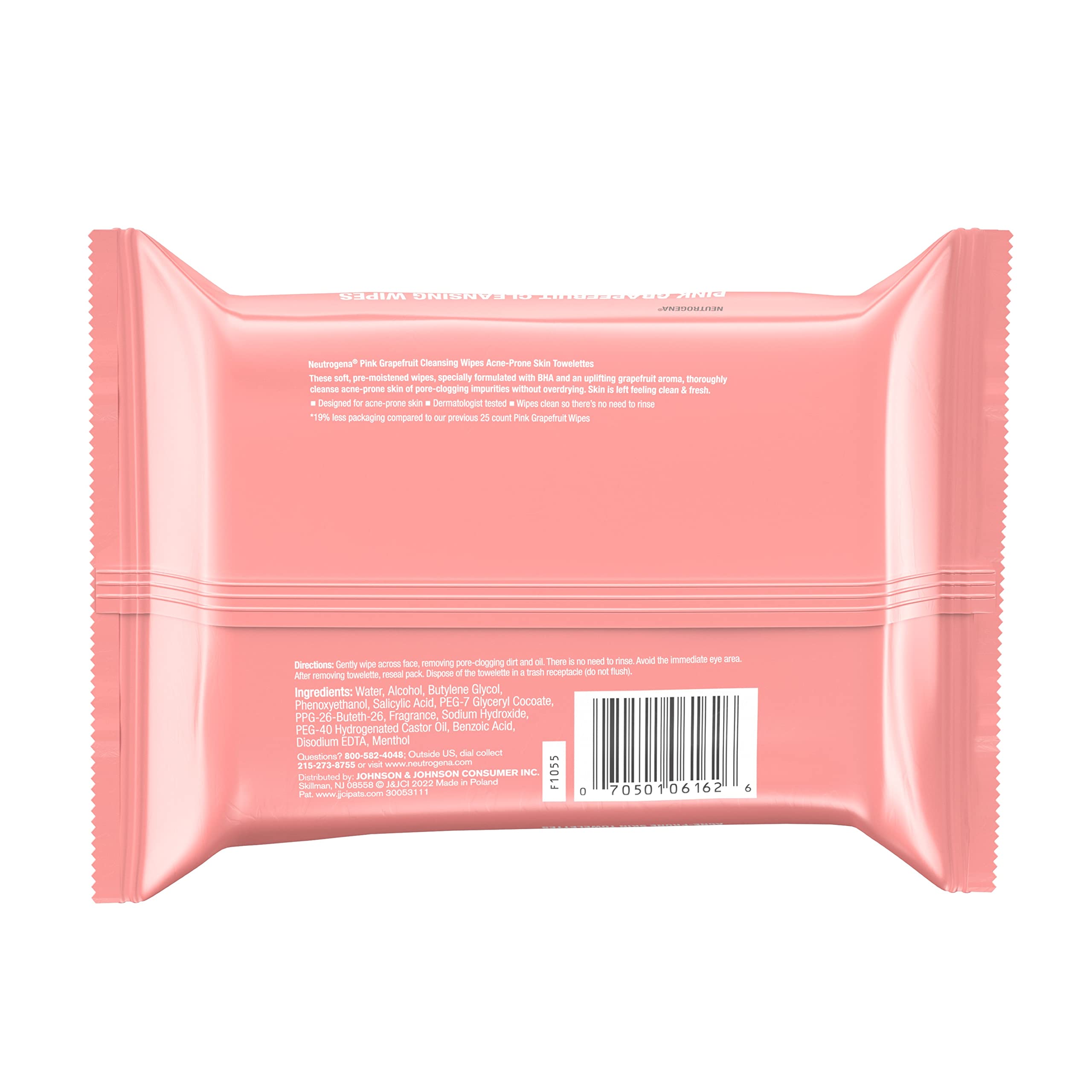 Neutrogena Oil-Free Facial Cleansing Makeup Wipes with Pink Grapefruit, Disposable & Pre-Moistened Daily Acne Face Towelettes to Remove Dirt, Oil & Makeup for Acne Prone Skin, 25 ct