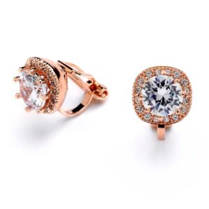 Mariell Rose Gold Cubic Zirconia Crystal Clip-On Earrings, 10mm CZ Stud for Brides, Birthday Gift